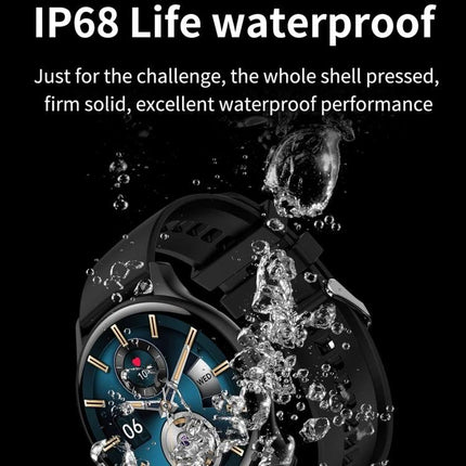 HK89 Smart Watch for Tracking Daily Health and Activities showing IP68 waterproof design with water splashes over black sport band watch