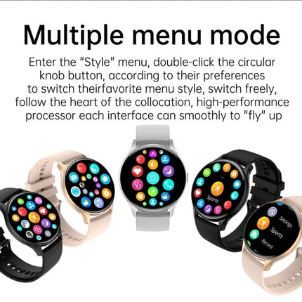 HK89 Smart Watch for Tracking Daily Health and Activities showing multiple menu modes and app icons on round display
