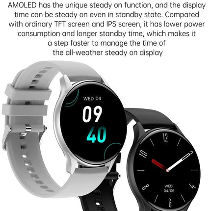 HK89 Smart Watch for Tracking Daily Health and Activities showing two round AMOLED displays with step, heart rate and sleep tracking features