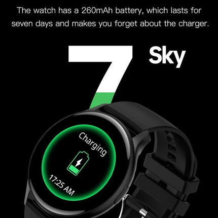 HK89 Smart Watch for Tracking Daily Health and Activities - black round smartwatch showing charging screen and 7-day battery claim