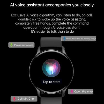 HK89 Smart Watch for Tracking Daily Health and Activities with AI voice assistant on round touchscreen displaying 'Tap to start' and voice command icons