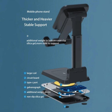 T6 2 In 1 Portable Folding Stand Wireless Charger Dual Charge Bracket showing adjustable folding phone stand with non-slip base and internal coil components
