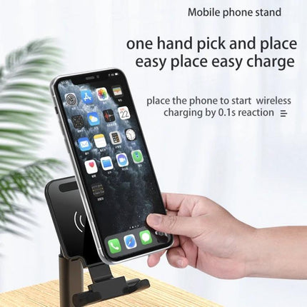 T6 2 In 1 Portable Folding Stand Wireless Charger Dual Charge Bracket showing hand placing smartphone for easy one-hand wireless charging on adjustable folding stand