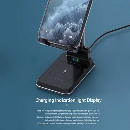 T6 2 In 1 Portable Folding Stand Wireless Charger Dual Charge Bracket showing phone on adjustable stand with LED charging indicator and cable