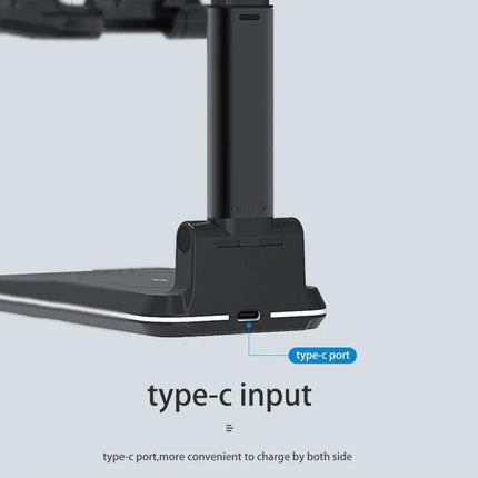 T6 2 In 1 Portable Folding Stand Wireless Charger Dual Charge Bracket showing Type-C input port and sturdy foldable base
