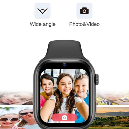 Smart Watch for Kids' Daily Activities and Family Communication showing kids taking a wide-angle photo with two-way calling and photo feature