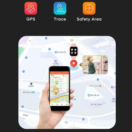 Smart Watch for Kids' Daily Activities and Family Communication showing GPS map, phone app and kid location for safe two-way contact
