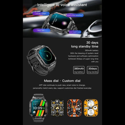 LEMFO Smart Watch for Everyday Health and Activity Tracking showing 30 days standby, AI voice assistant, custom dials and health monitoring