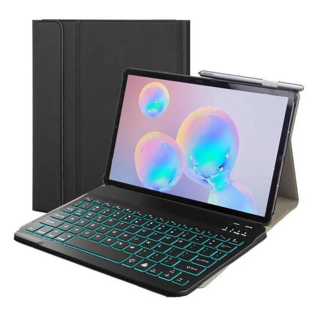 Bluetooth Keyboard Case with Stand for Samsung Galaxy Tabs shown with backlit 59-key keyboard and built-in tablet stand