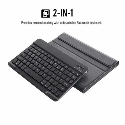 Bluetooth Keyboard Case with Stand for Samsung Galaxy Tabs showing detachable 59-key Bluetooth keyboard and protective folio stand