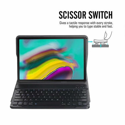 Bluetooth Keyboard Case with Stand for Samsung Galaxy Tabs showing 59-key scissor-switch keyboard and built-in stand in black