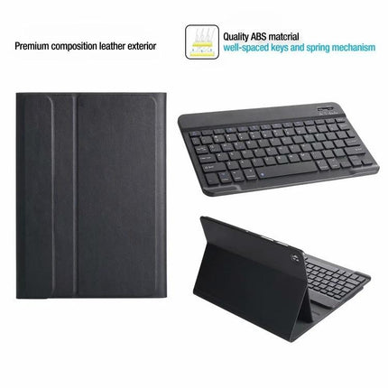 Bluetooth Keyboard Case with Stand for Samsung Galaxy Tabs showing 59-key Bluetooth keyboard and protective folio stand in black