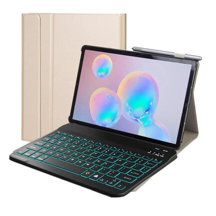 Bluetooth Keyboard Case with Stand for Samsung Galaxy Tabs showing slim folio, 59-key backlit keyboard and adjustable viewing stand