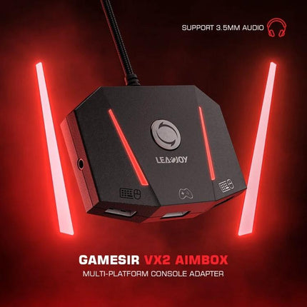 GameSir VX2 AimBox for Everyday Console Gaming Setup multi-platform console adapter with USB ports and 3.5mm audio on red background