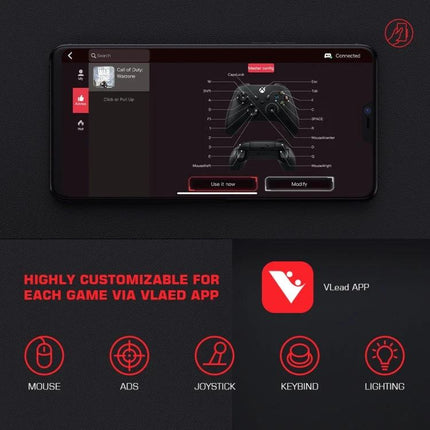 GameSir VX2 AimBox for Everyday Console Gaming Setup on phone screen showing VLead app customizable mapping