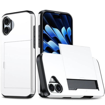 iPhone Card Holder Case for Everyday Protection and Card Storage - white PC shell with TPU interior, raised edges and compact card slot