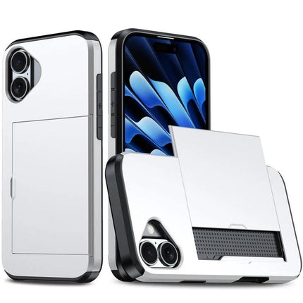 iPhone Card Holder Case for Everyday Protection and Card Storage - white PC shell with TPU interior, raised edges, slim card slot