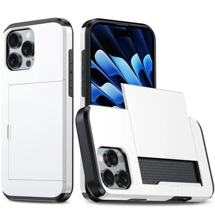 iPhone Card Holder Case for Everyday Protection and Card Storage white rugged case with slide card slot and raised edges