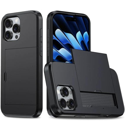 iPhone Card Holder Case for Everyday Protection and Card Storage sleek black PC shell with TPU interior, raised edges and sliding card slot