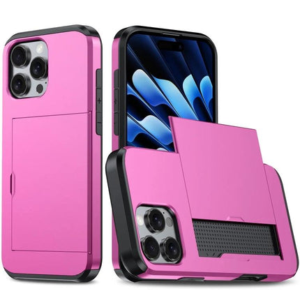 iPhone Card Holder Case for Everyday Protection and Card Storage - pink rugged PC shell with TPU interior, raised edges and rear card slot