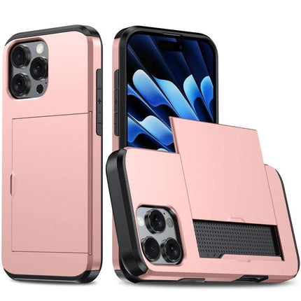 Practical iPhone Case With Card Storage in rose gold dual-layer PC TPU with secure slide-out card slot for ID and credit cards