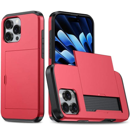 Practical iPhone Case With Card Storage - durable red PC/TPU protective case with built-in card slot for ID and cards, ideal for commuting