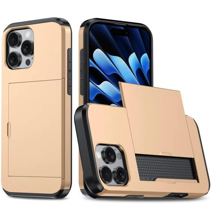 Practical iPhone Case With Card Storage showing gold dual-layer protective case with sliding card pocket
