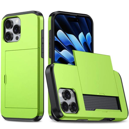 Practical iPhone Case With Card Storage bright green dual-layer protective case with sliding card slot for ID and credit cards