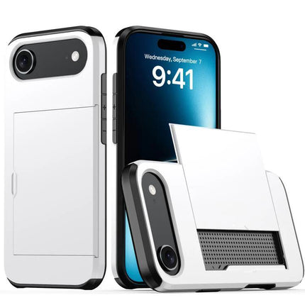 Practical iPhone Case With Card Storage showing white durable PC TPU case with built-in card slot and easy access for ID and cards