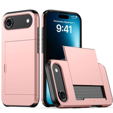 Practical iPhone Case With Card Storage in rose gold showing built-in card slot, durable PC TPU protection and easy access for ID and cards