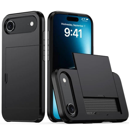 Practical iPhone Case With Card Storage showing black durable PC+TPU case with sliding card slot and protective bumper for daily use