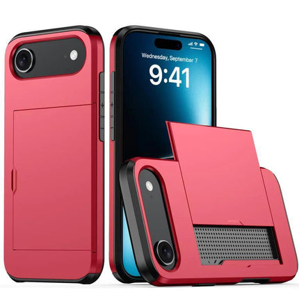 Practical iPhone Case With Card Storage in red showing built-in card slot, durable PC+TPU protection for commuting and everyday use