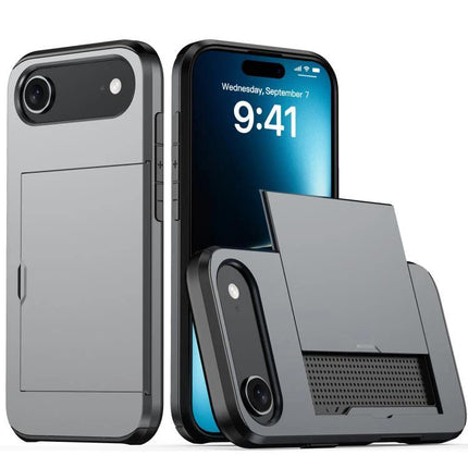 Practical iPhone Case With Card Storage shown in sleek gray with built-in card slot, durable PC+TPU protection and easy-access ID pocket