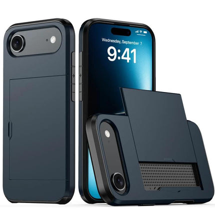 Practical iPhone Case With Card Storage in navy blue, durable PC TPU shell with built-in card slot for ID and cards, slim protective design