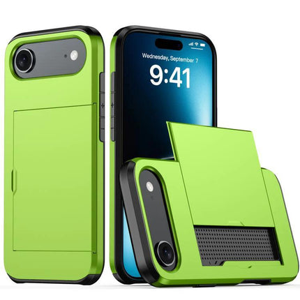 Practical iPhone Case With Card Storage in lime green showing durable PC+TPU construction, built-in card slot and kickstand for commuting and everyday use