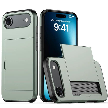 Practical iPhone Case With Card Storage showing mint green durable PC TPU construction with secure built-in card slot and easy-access kickstand