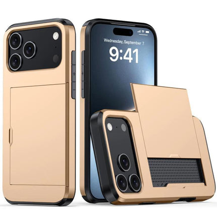 Durable Phone Case for Everyday Device Protection in gold PC TPU with sliding card slot, slim drop and bump resistant design