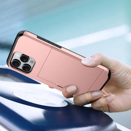 iPhone Card Holder Case for Everyday Protection and Card Storage in rose gold with raised edges and compact card slot held in hand