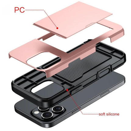 Practical iPhone Case With Card Storage showing exploded view of PC shell, TPU inner layer and card slot in rose gold and black