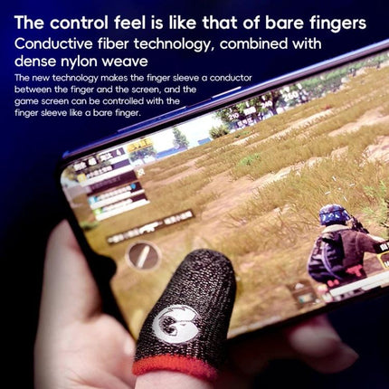 GameSir Fingertips for Everyday Gaming Comfort at Home — close-up of conductive finger sleeve on thumb controlling a mobile battle royale game