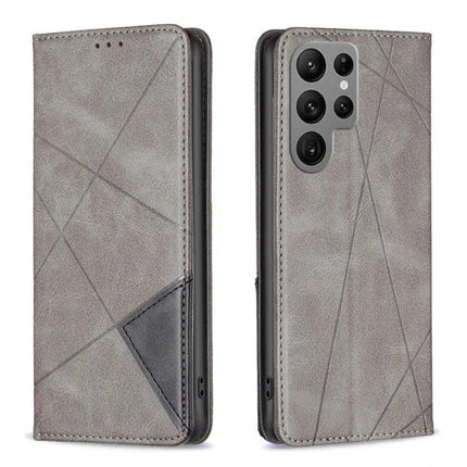 Leather Phone Case With Card Slot grey PU leather folio with diagonal stitch pattern, card slot and kickstand for hands-free viewing