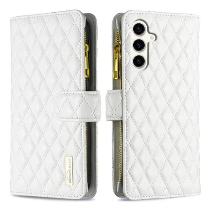 Versatile Flip Case With Card Slot white quilted PU wallet case with zipper compartment and camera cutout