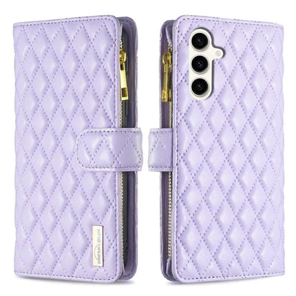 Versatile Flip Case With Card Slot purple quilted PU wallet case with zipper compartment and detachable design