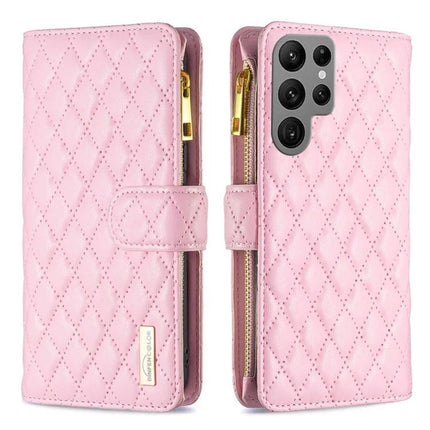 Versatile Flip Case With Card Slot in pink quilted PU leather with zipper pocket and 6-card slots, detachable wallet phone cover