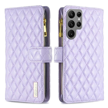 Versatile Flip Case With Card Slot lavender quilted PU wallet case with zipper pocket and magnetic strap