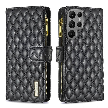 Versatile Flip Case With Card Slot black quilted PU leather wallet case with zipper pocket and detachable strap
