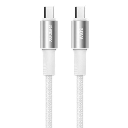 REMAX Type-C Cable for Everyday Device Charging and Data Transfer — white braided 30W USB-C cable with zinc alloy plugs for fast charging and data transfer