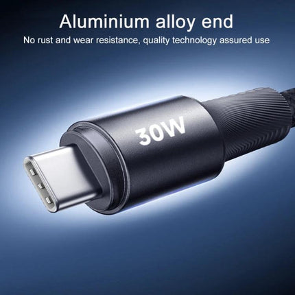 REMAX Type-C Cable for Everyday Device Charging and Data Transfer — close-up of 30W aluminium alloy USB-C plug with zinc alloy durability