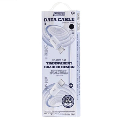 REMAX Cable for Daily Device Charging and Travel Needs — 30W PD transparent braided USB-C data cable in retail packaging