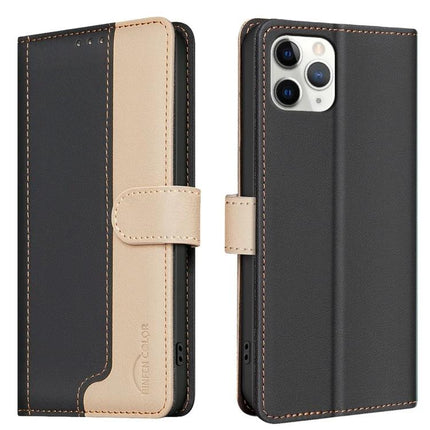 Leather Cardholder Phone Case For Everyday Use With Card And Cash Storage Pocket - black and beige leather wallet phone case with 3 card slots and cash pocket
